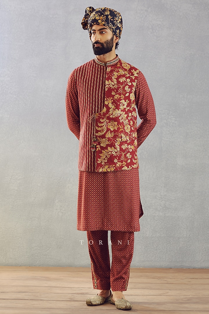 Red Cotton Silk & Slub Silk Digital Printed Bundi Set by Torani Men at Pernia's Pop Up Shop