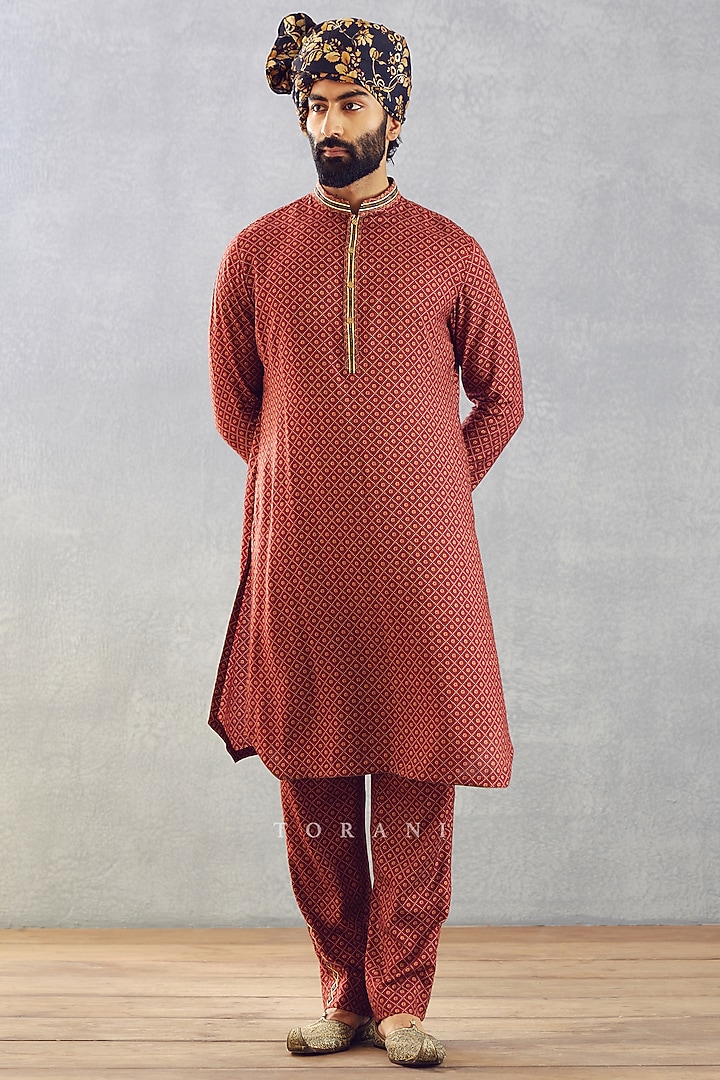 Red Cotton Silk & Slub Silk Digital Printed Bundi Set by Torani Men at Pernia's Pop Up Shop