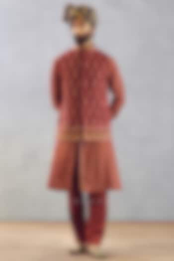 Red Cotton Silk & Slub Silk Digital Printed Bundi Set by Torani Men