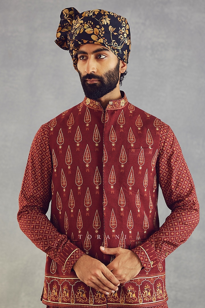 Red Cotton Silk & Slub Silk Digital Printed Bundi Set by Torani Men at Pernia's Pop Up Shop