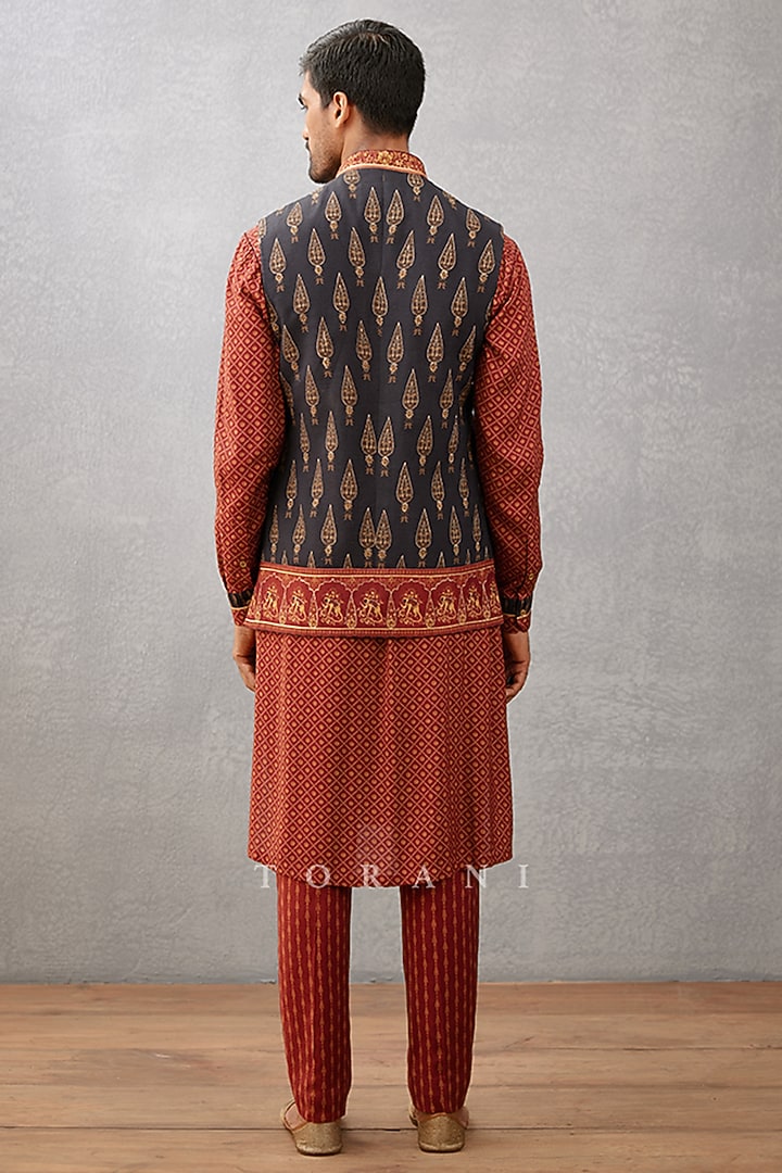 Black Cotton Silk & Slub Silk Digital Printed Bundi Set by Torani Men at Pernia's Pop Up Shop