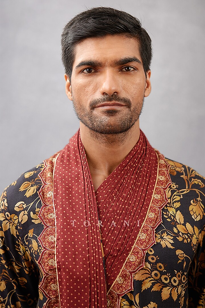 Black Cotton Silk & Raw Silk Hand Embroidered Kurta Set by Torani Men at Pernia's Pop Up Shop