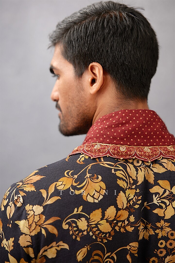 Black Cotton Silk & Raw Silk Hand Embroidered Kurta Set by Torani Men at Pernia's Pop Up Shop