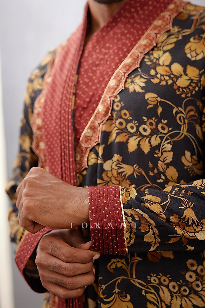 Black Cotton Silk & Raw Silk Hand Embroidered Kurta Set by Torani Men at Pernia's Pop Up Shop