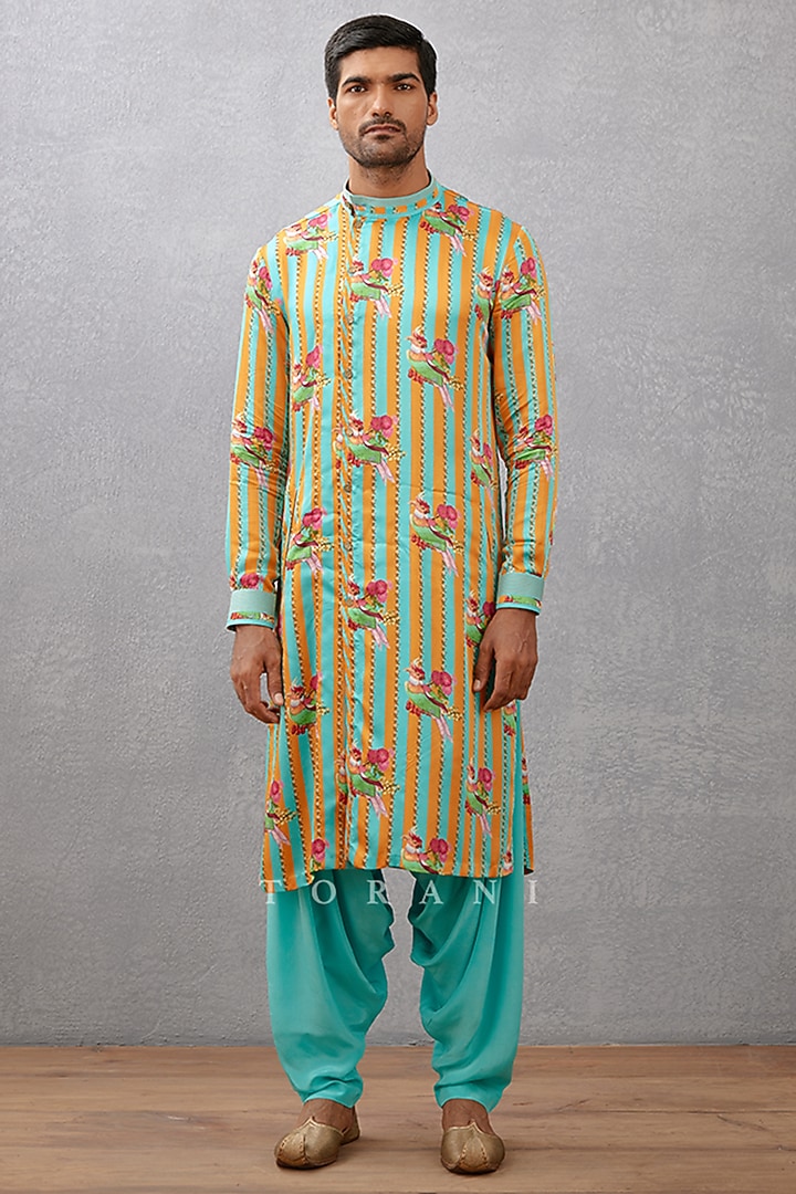 Blue Twill Satin Digital Printed Kurta Set by Torani Men at Pernia's Pop Up Shop