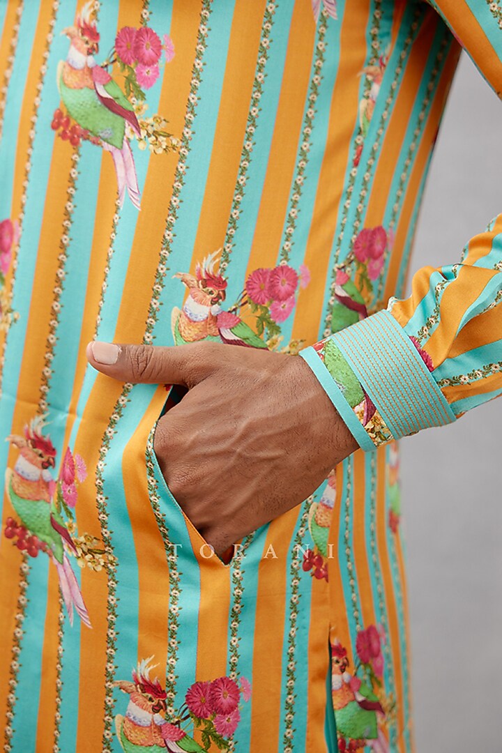 Blue Twill Satin Digital Printed Kurta Set by Torani Men at Pernia's Pop Up Shop