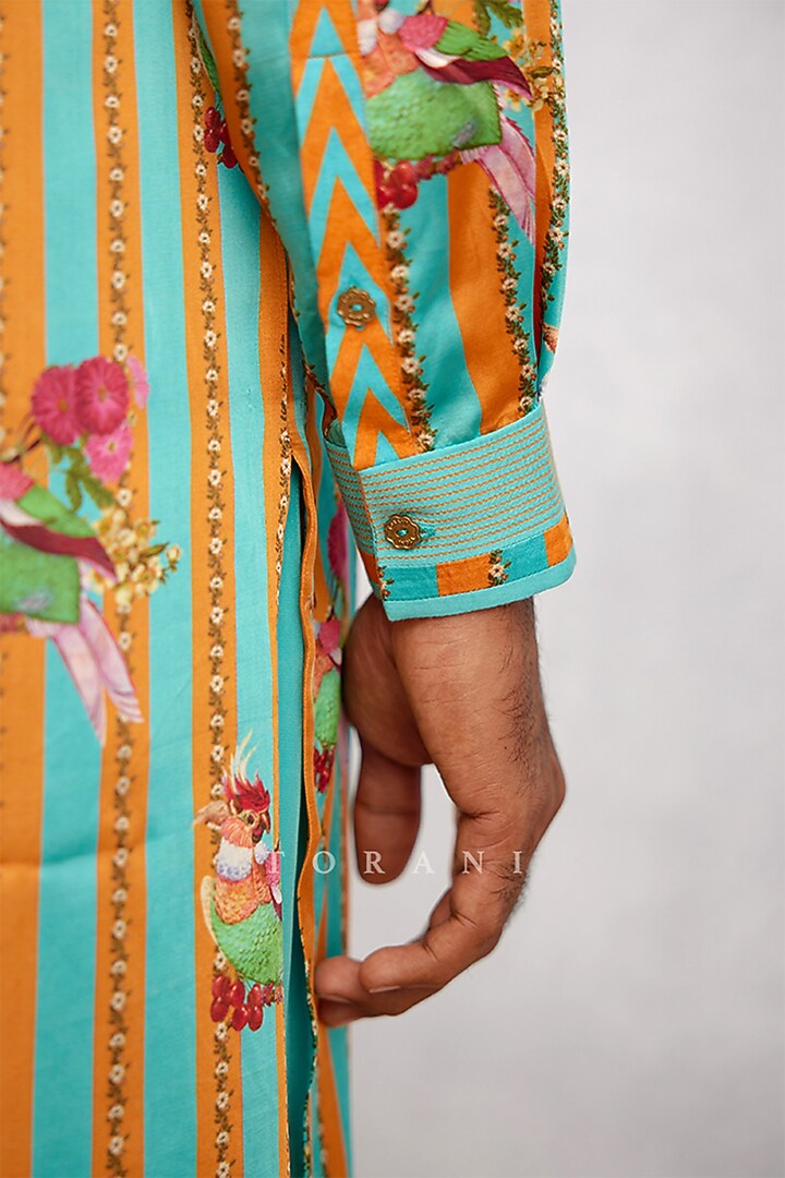 Blue Twill Satin Digital Printed Kurta Set by Torani Men at Pernia's Pop Up Shop