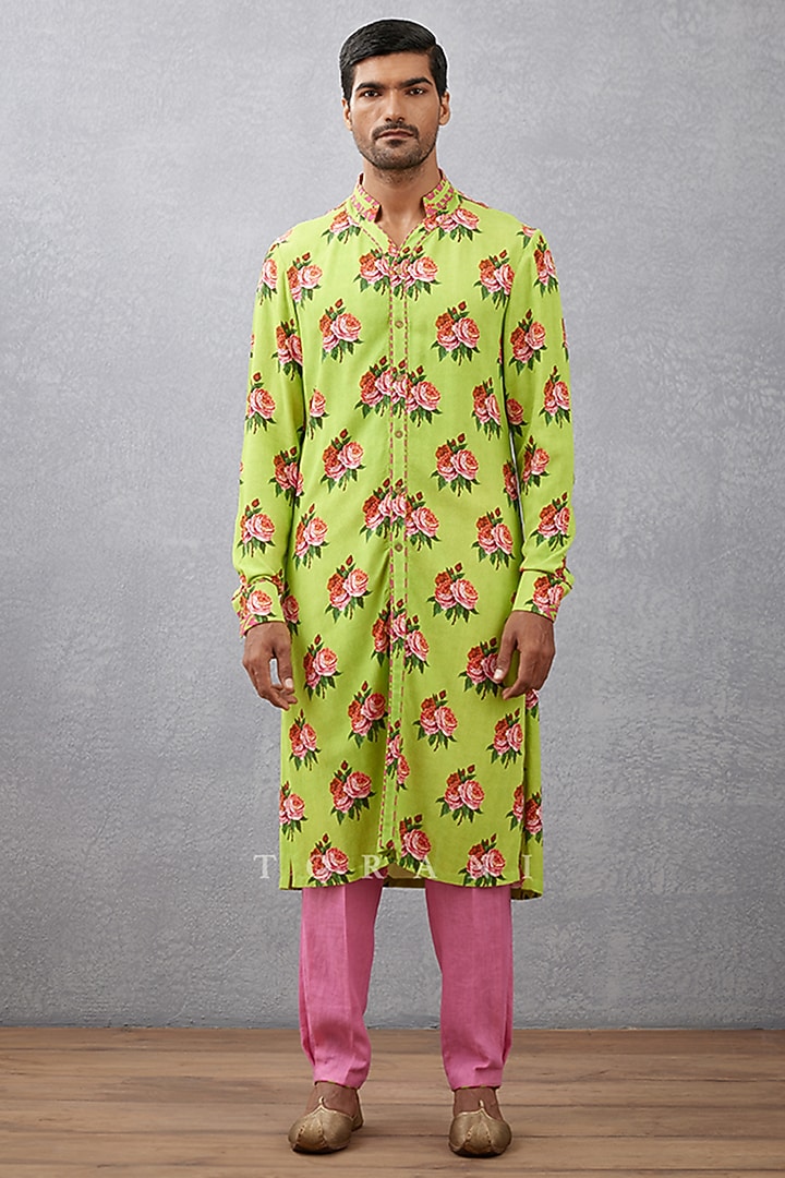 Green Silk Crepe & Pure Linen Digital Printed Kurta Set by Torani Men at Pernia's Pop Up Shop