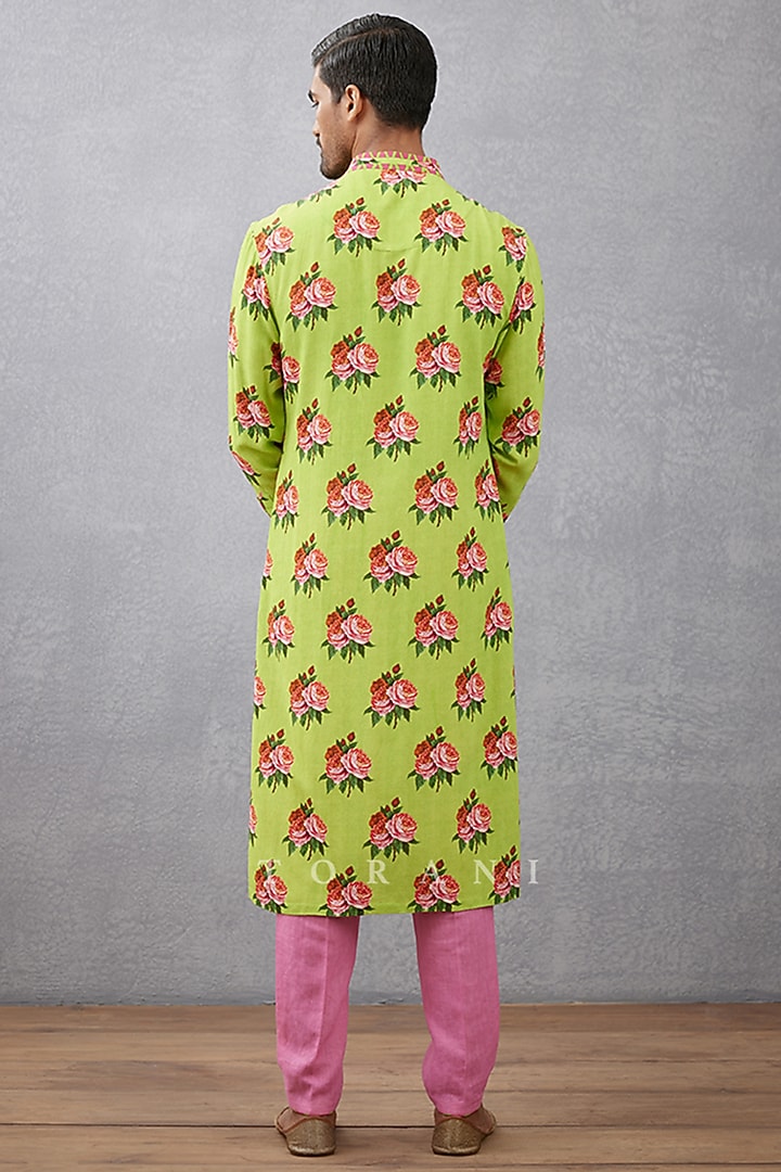 Green Silk Crepe & Pure Linen Digital Printed Kurta Set by Torani Men at Pernia's Pop Up Shop