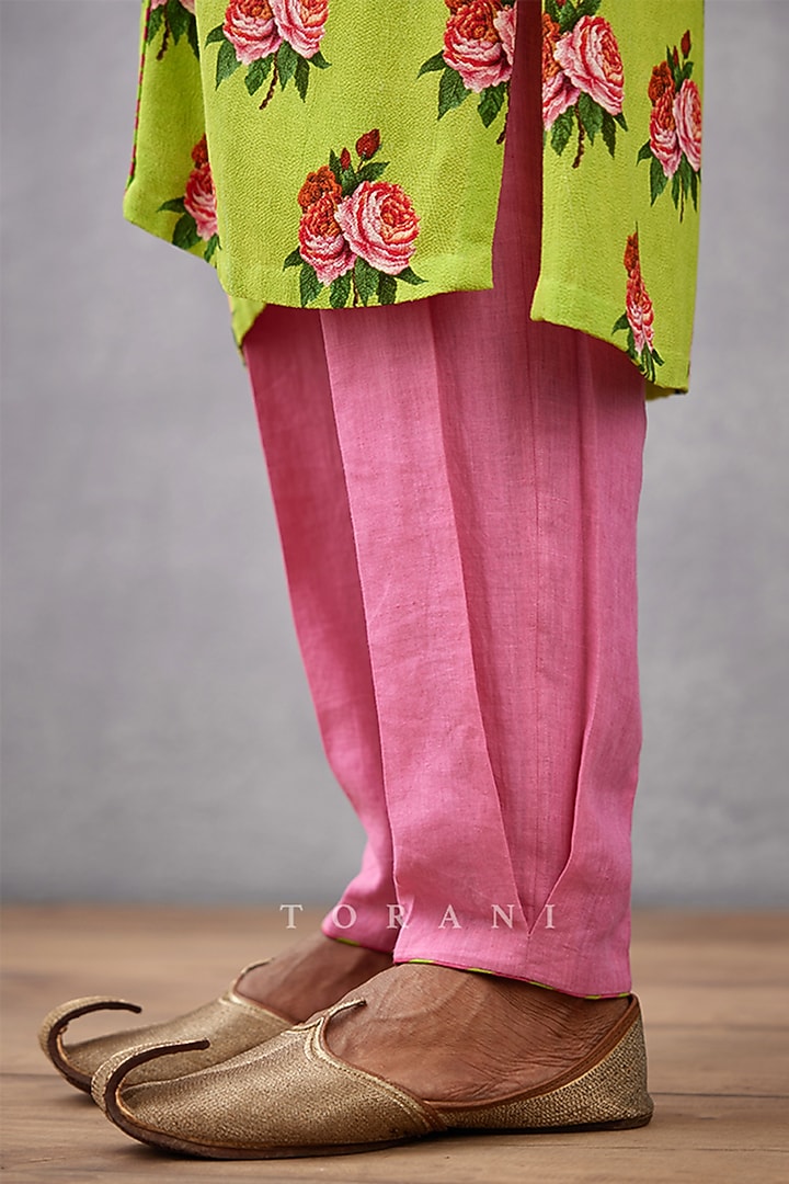 Green Silk Crepe & Pure Linen Digital Printed Kurta Set by Torani Men at Pernia's Pop Up Shop