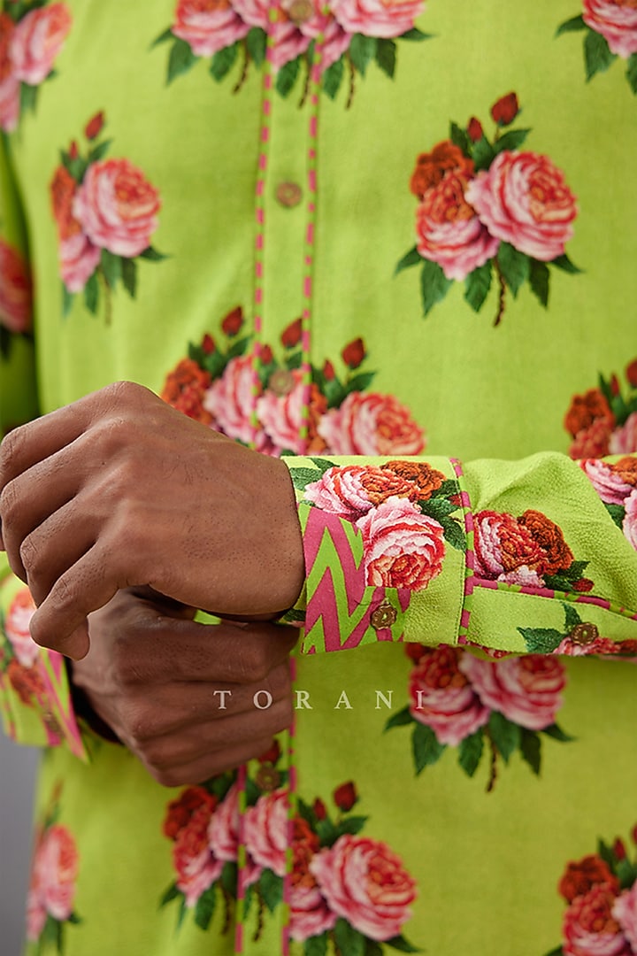 Green Silk Crepe & Pure Linen Digital Printed Kurta Set by Torani Men at Pernia's Pop Up Shop