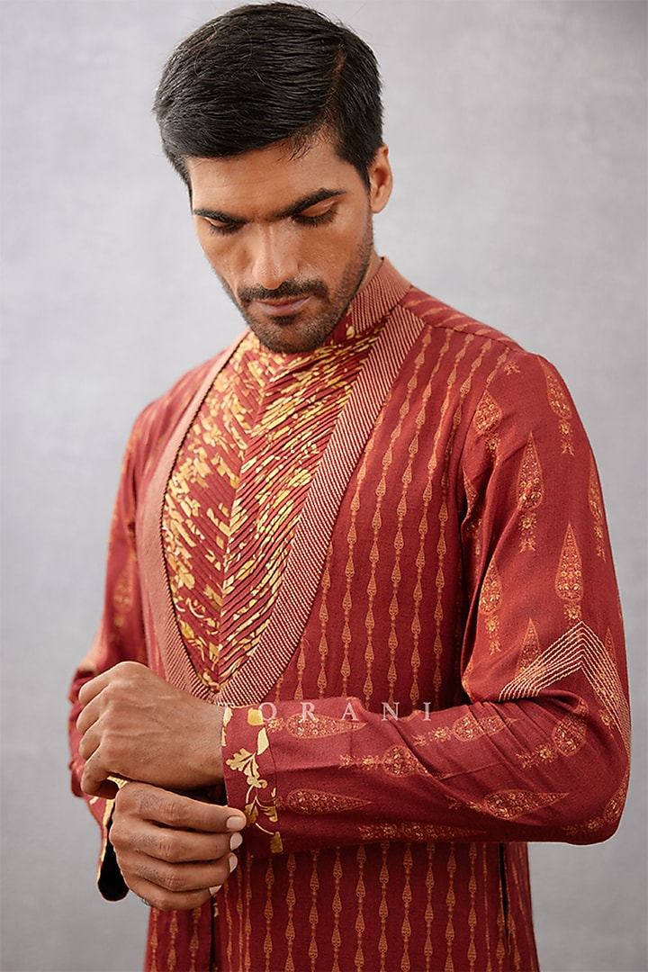 Red Cotton Silk & Slub Silk Digital Printed Kurta Set by Torani Men at Pernia's Pop Up Shop