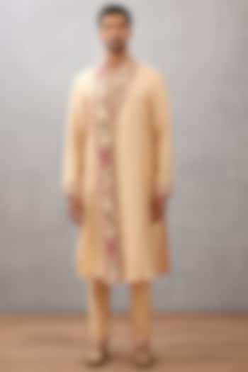 Beige Cotton Voile & Handwoven Chanderi Digital Printed Kurta Set by Torani Men at Pernia's Pop Up Shop