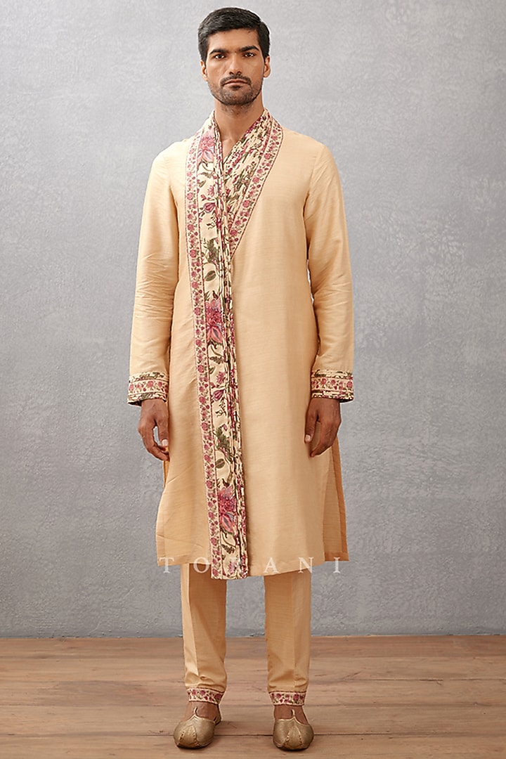 Beige Cotton Voile & Handwoven Chanderi Digital Printed Kurta Set by Torani Men at Pernia's Pop Up Shop