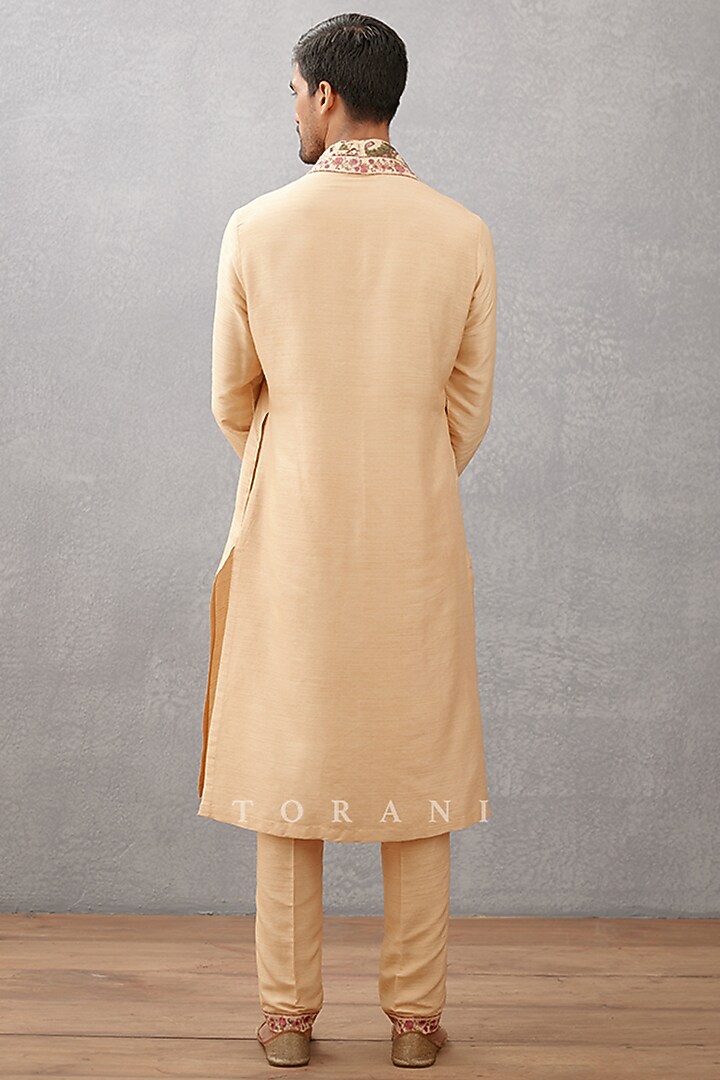 Beige Cotton Voile & Handwoven Chanderi Digital Printed Kurta Set by Torani Men at Pernia's Pop Up Shop