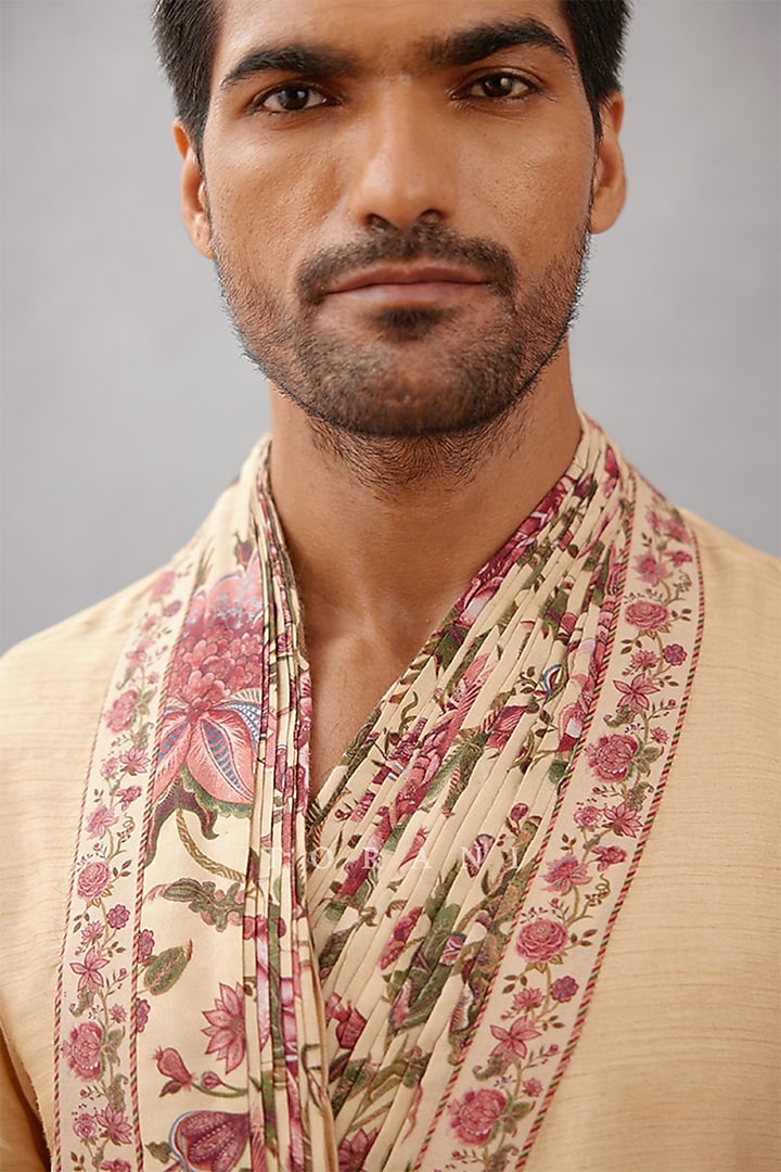 Beige Cotton Voile & Handwoven Chanderi Digital Printed Kurta Set by Torani Men at Pernia's Pop Up Shop