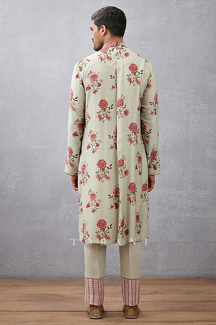 Green Pure Linen & Handwoven Chanderi Digital Printed Kurta Set by Torani Men at Pernia's Pop Up Shop