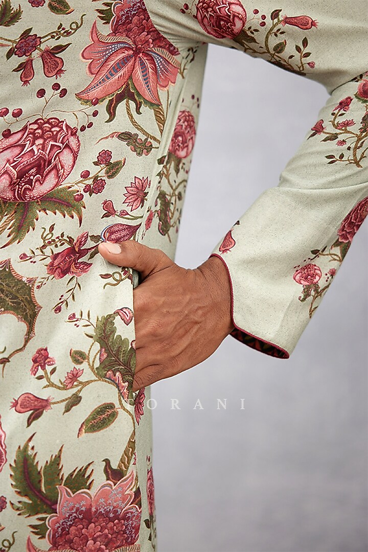 Green Pure Linen & Handwoven Chanderi Digital Printed Kurta Set by Torani Men at Pernia's Pop Up Shop