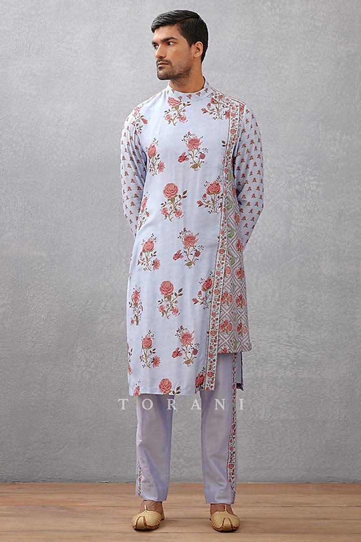 Blue Pure Linen & Handwoven Chanderi Digital Printed Kurta Set by Torani Men at Pernia's Pop Up Shop