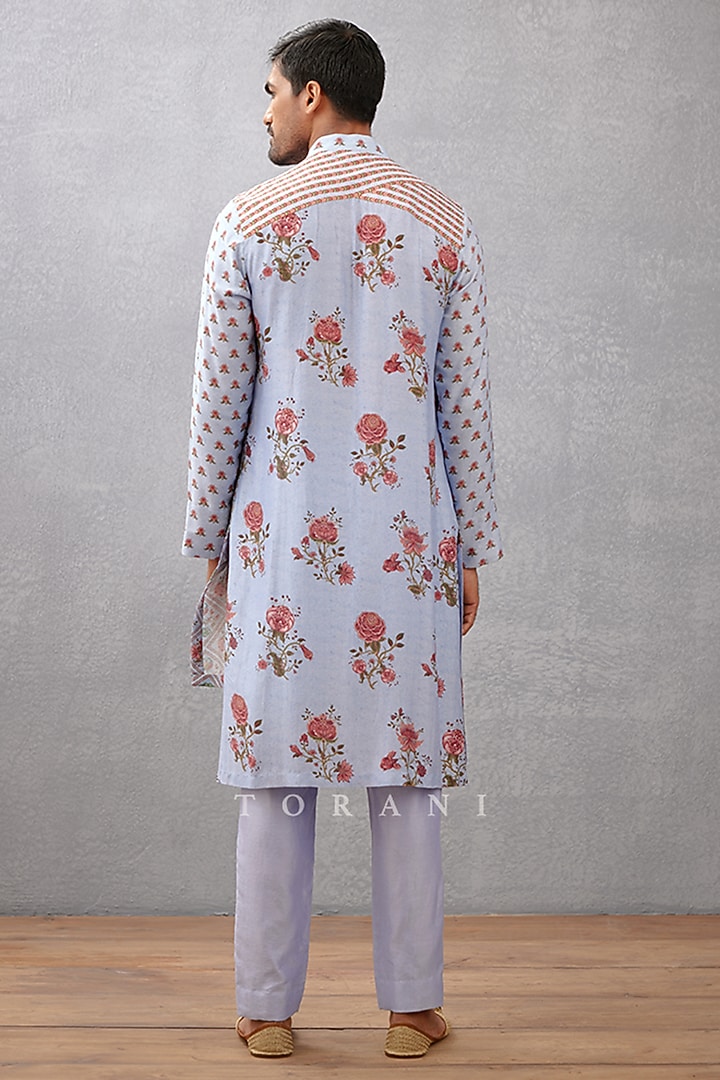 Blue Pure Linen & Handwoven Chanderi Digital Printed Kurta Set by Torani Men at Pernia's Pop Up Shop
