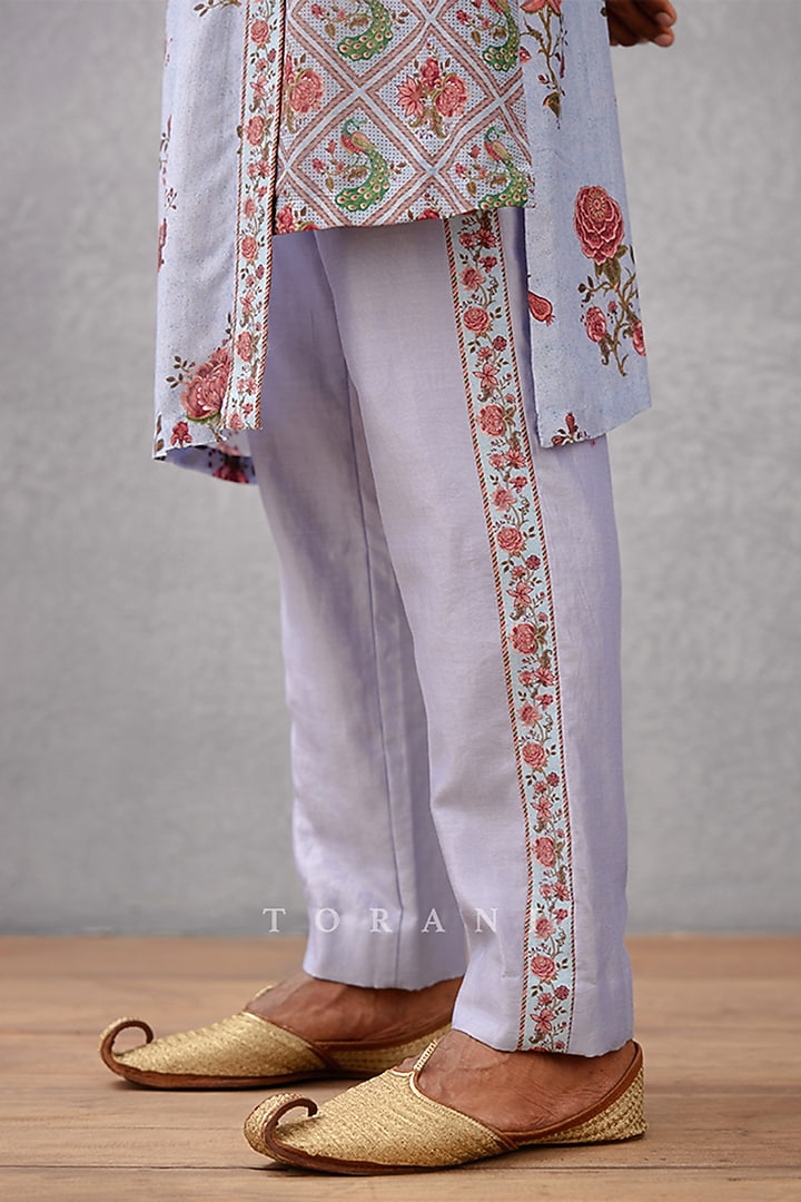 Blue Pure Linen & Handwoven Chanderi Digital Printed Kurta Set by Torani Men at Pernia's Pop Up Shop