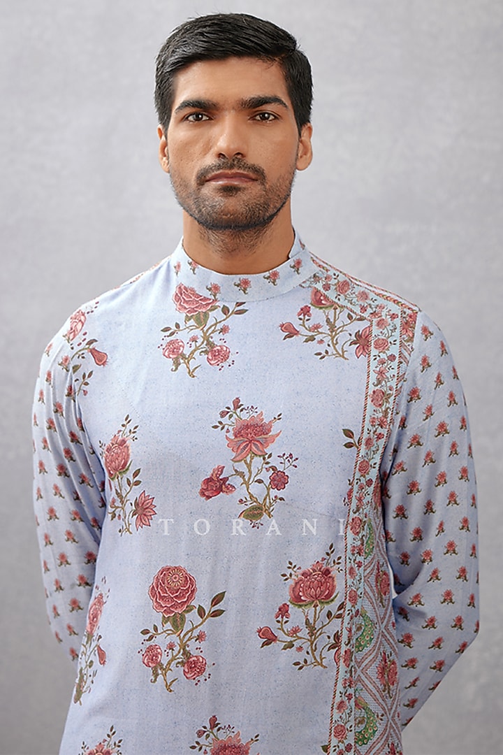 Blue Pure Linen & Handwoven Chanderi Digital Printed Kurta Set by Torani Men at Pernia's Pop Up Shop