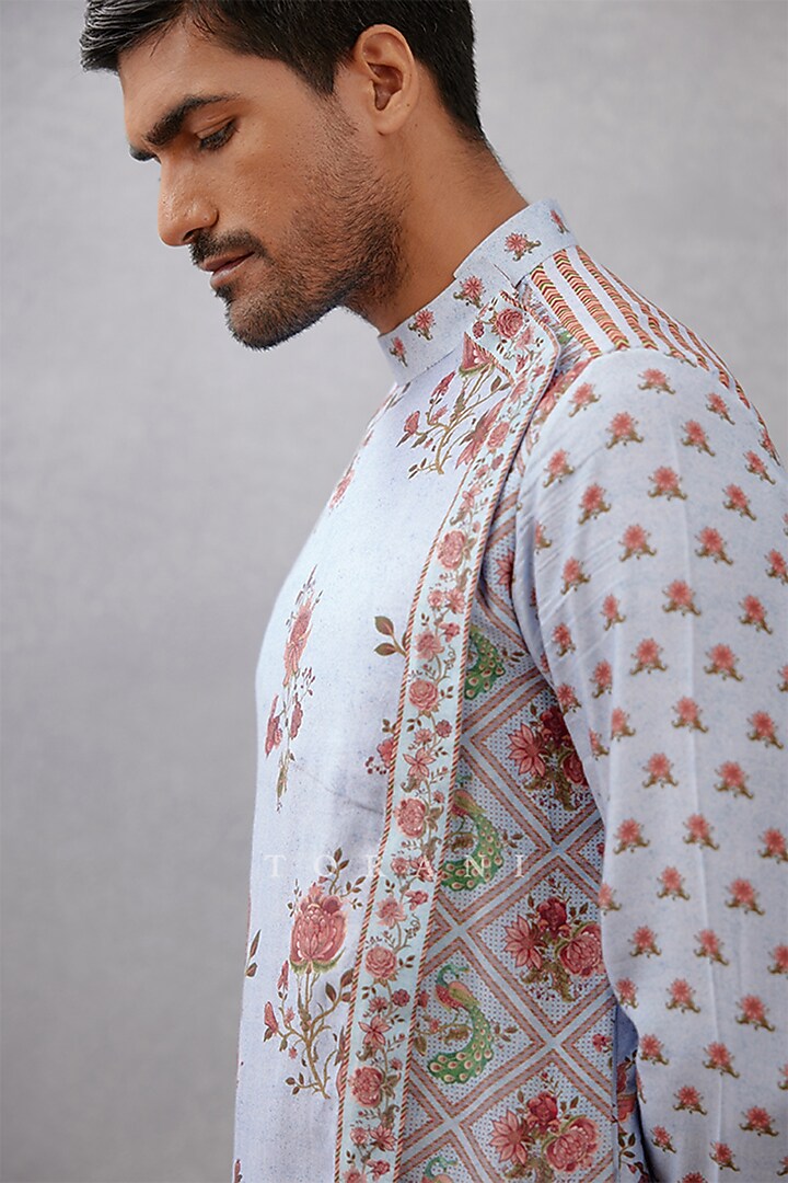 Blue Pure Linen & Handwoven Chanderi Digital Printed Kurta Set by Torani Men at Pernia's Pop Up Shop