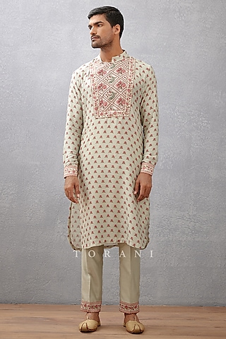 Green Pure Linen & Handwoven Chanderi Digital Printed Kurta Set by Torani Men