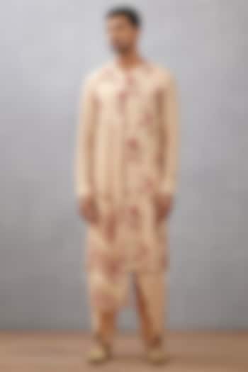 Beige Handwoven Chanderi & Cotton Silk Digital Printed Kurta Set by Torani Men at Pernia's Pop Up Shop