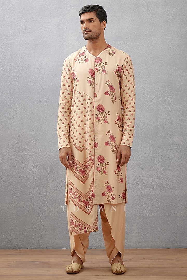 Beige Handwoven Chanderi & Cotton Silk Digital Printed Kurta Set by Torani Men at Pernia's Pop Up Shop
