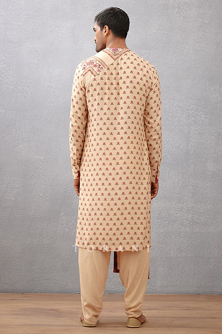 Beige Handwoven Chanderi & Cotton Silk Digital Printed Kurta Set by Torani Men at Pernia's Pop Up Shop