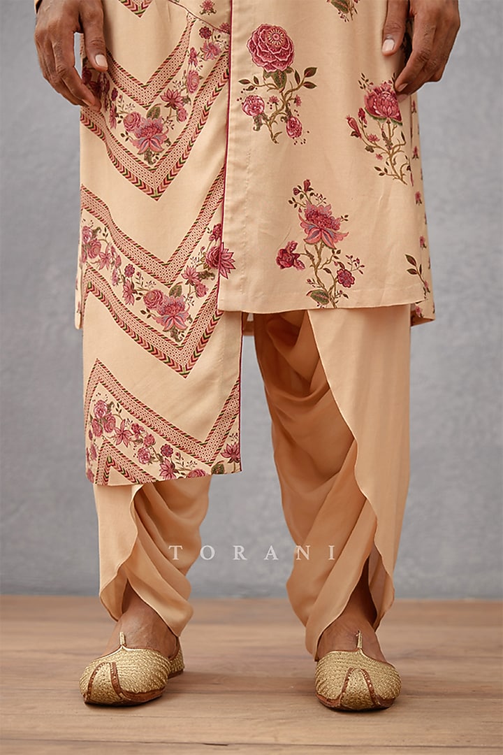 Beige Handwoven Chanderi & Cotton Silk Digital Printed Kurta Set by Torani Men at Pernia's Pop Up Shop