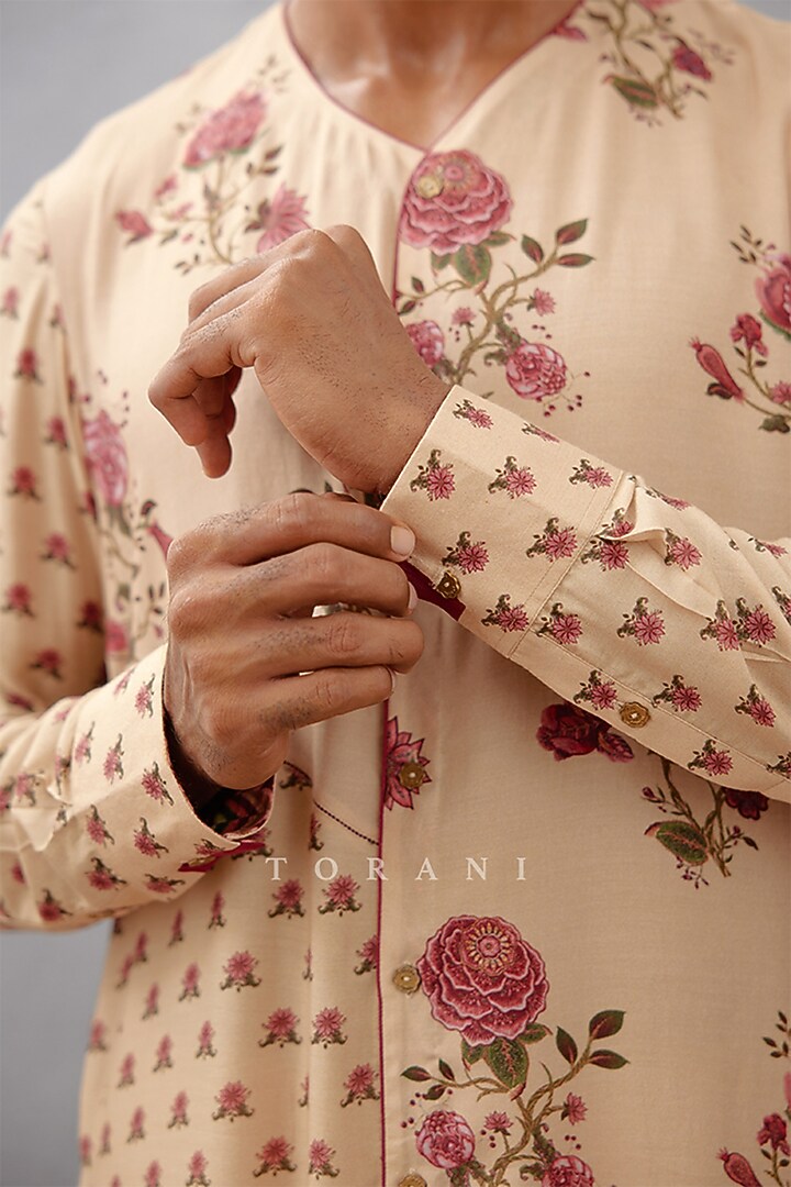 Beige Handwoven Chanderi & Cotton Silk Digital Printed Kurta Set by Torani Men at Pernia's Pop Up Shop