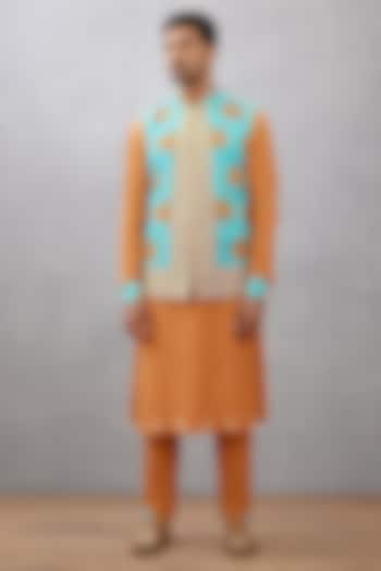 Orange & Blue Silk Crepe Digital Printed Bundi Set by Torani Men