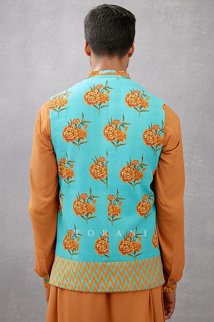 Orange & Blue Silk Crepe Digital Printed Bundi Set by Torani Men at Pernia's Pop Up Shop