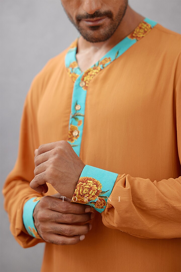 Orange & Blue Silk Crepe Digital Printed Bundi Set by Torani Men at Pernia's Pop Up Shop