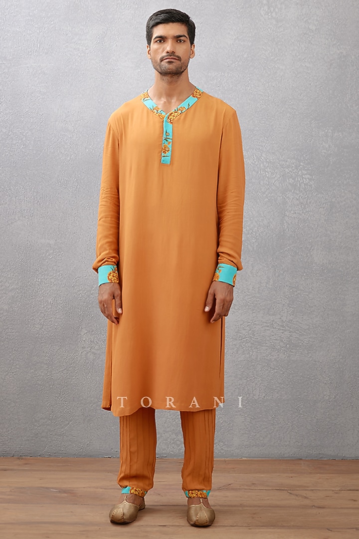 Orange & Blue Silk Crepe Digital Printed Bundi Set by Torani Men at Pernia's Pop Up Shop