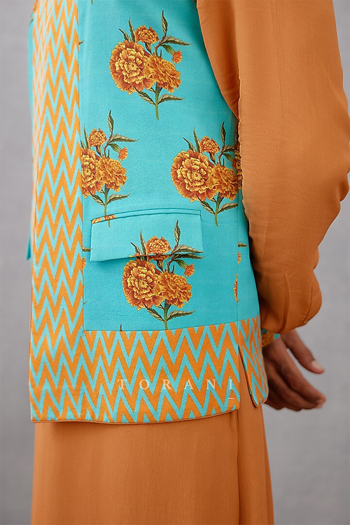Orange & Blue Silk Crepe Digital Printed Bundi Set by Torani Men at Pernia's Pop Up Shop