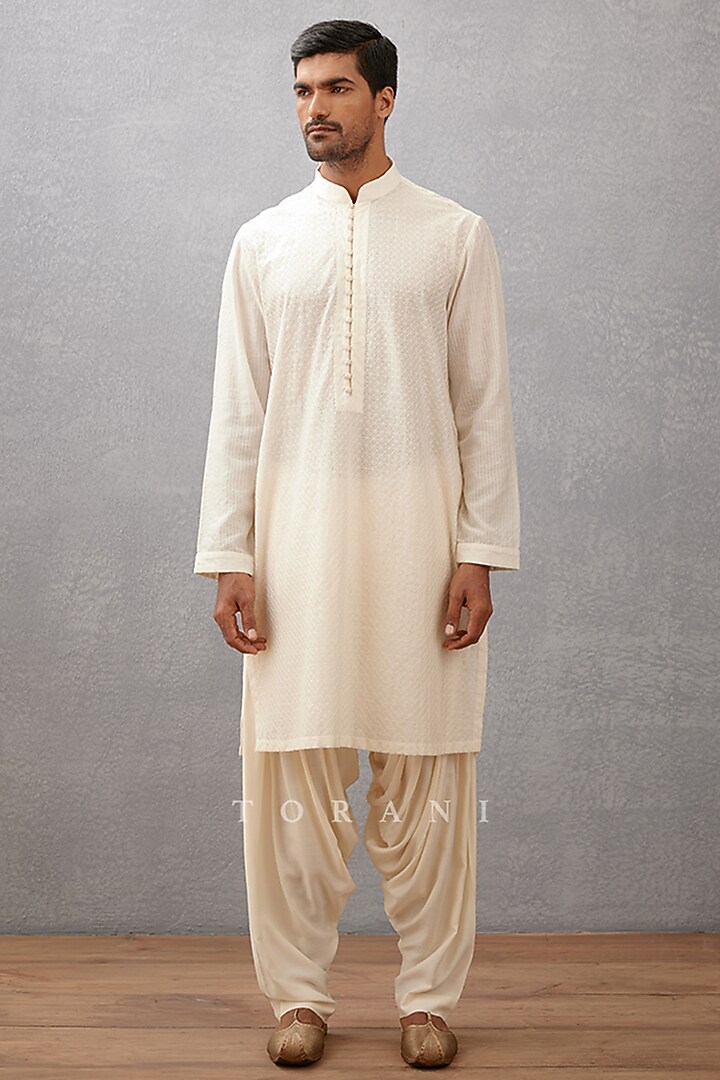 Ivory Handwoven Chanderi & Cotton Silk Hand Embroidered Kurta Set by Torani Men at Pernia's Pop Up Shop