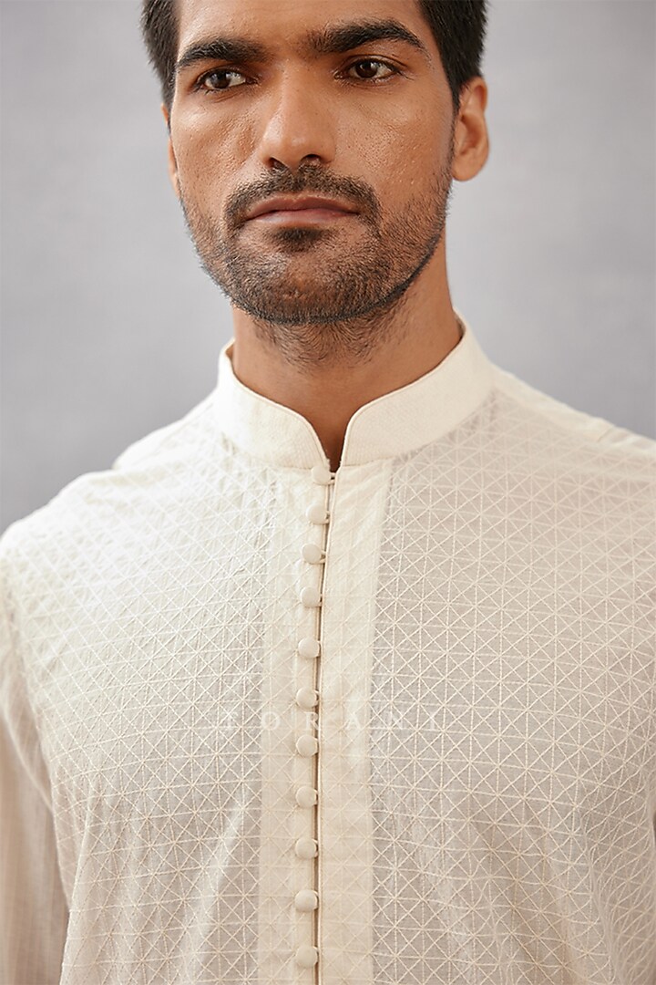 Ivory Handwoven Chanderi & Cotton Silk Hand Embroidered Kurta Set by Torani Men at Pernia's Pop Up Shop
