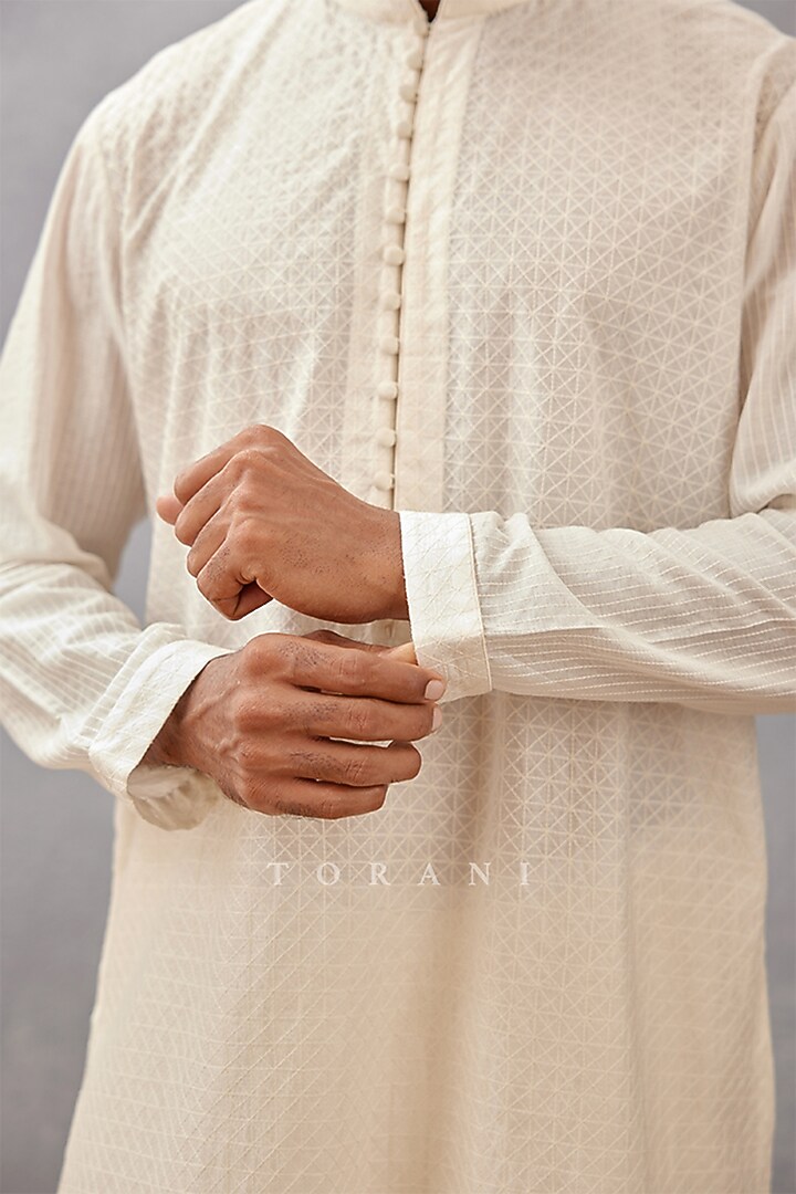 Ivory Handwoven Chanderi & Cotton Silk Hand Embroidered Kurta Set by Torani Men at Pernia's Pop Up Shop