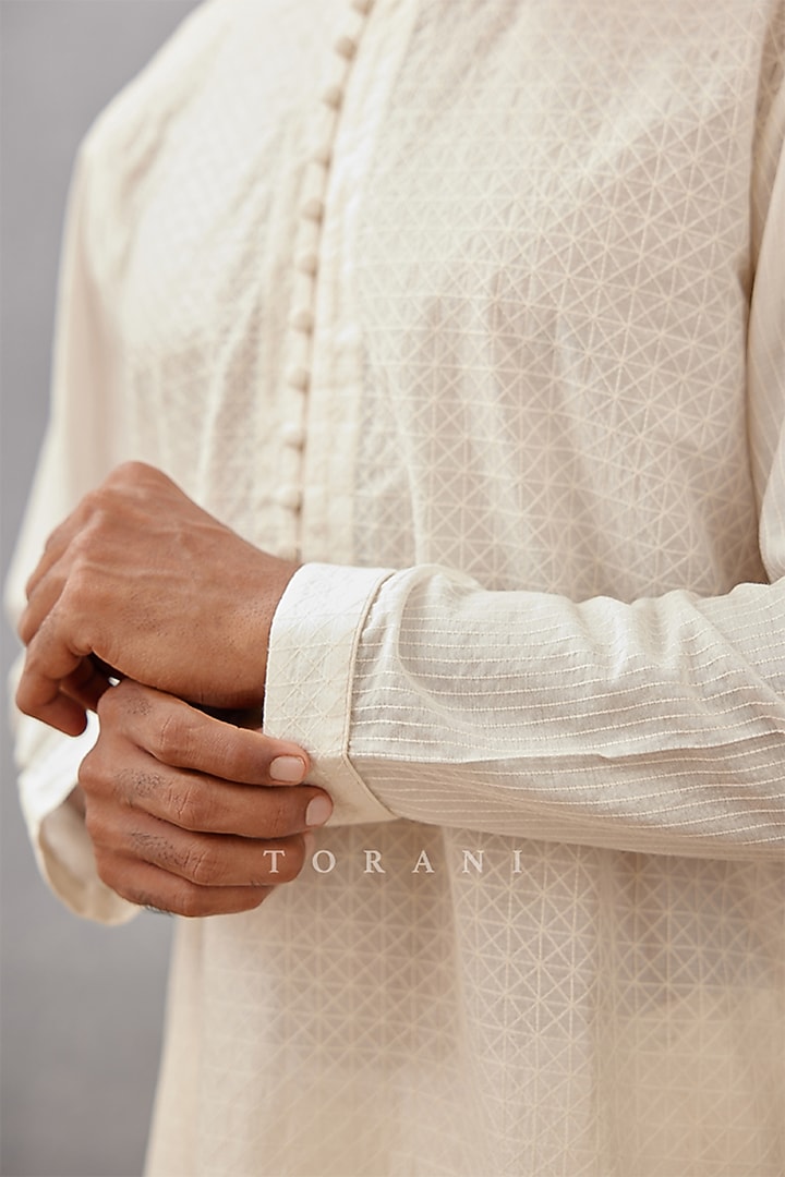 Ivory Handwoven Chanderi & Cotton Silk Hand Embroidered Kurta Set by Torani Men at Pernia's Pop Up Shop