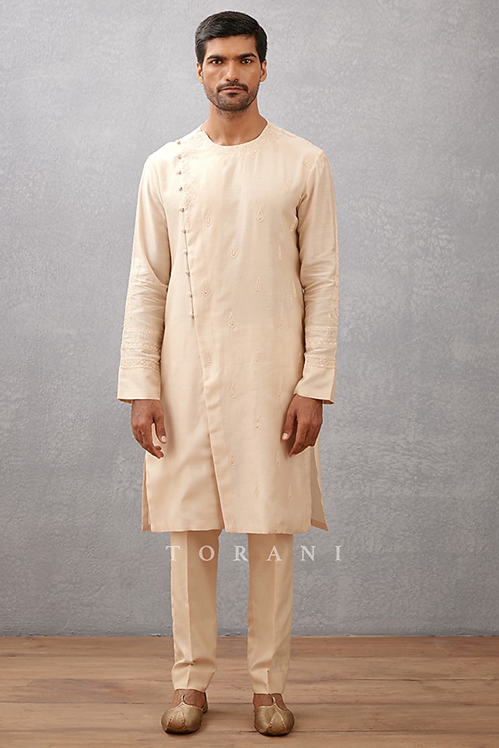 Beige Handwoven Chanderi & Cotton Voile Dori Embroidered Kurta Set by Torani Men at Pernia's Pop Up Shop