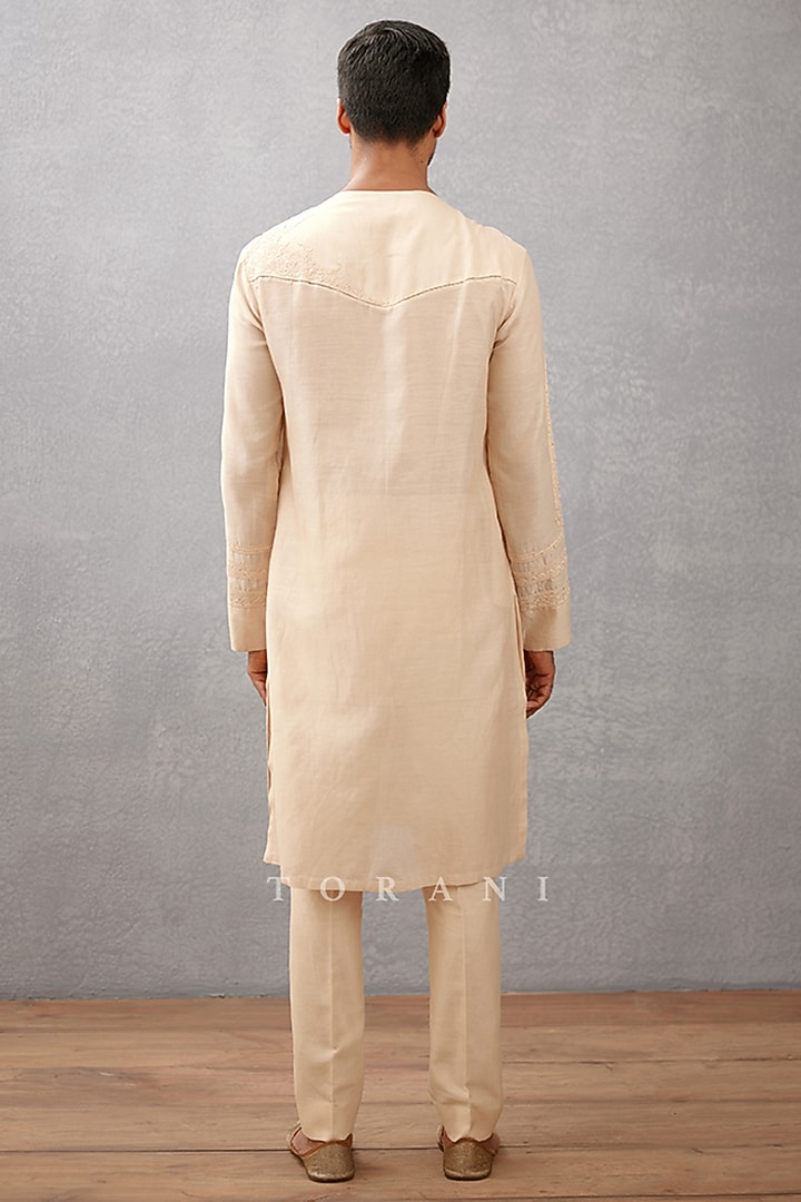 Beige Handwoven Chanderi & Cotton Voile Dori Embroidered Kurta Set by Torani Men at Pernia's Pop Up Shop