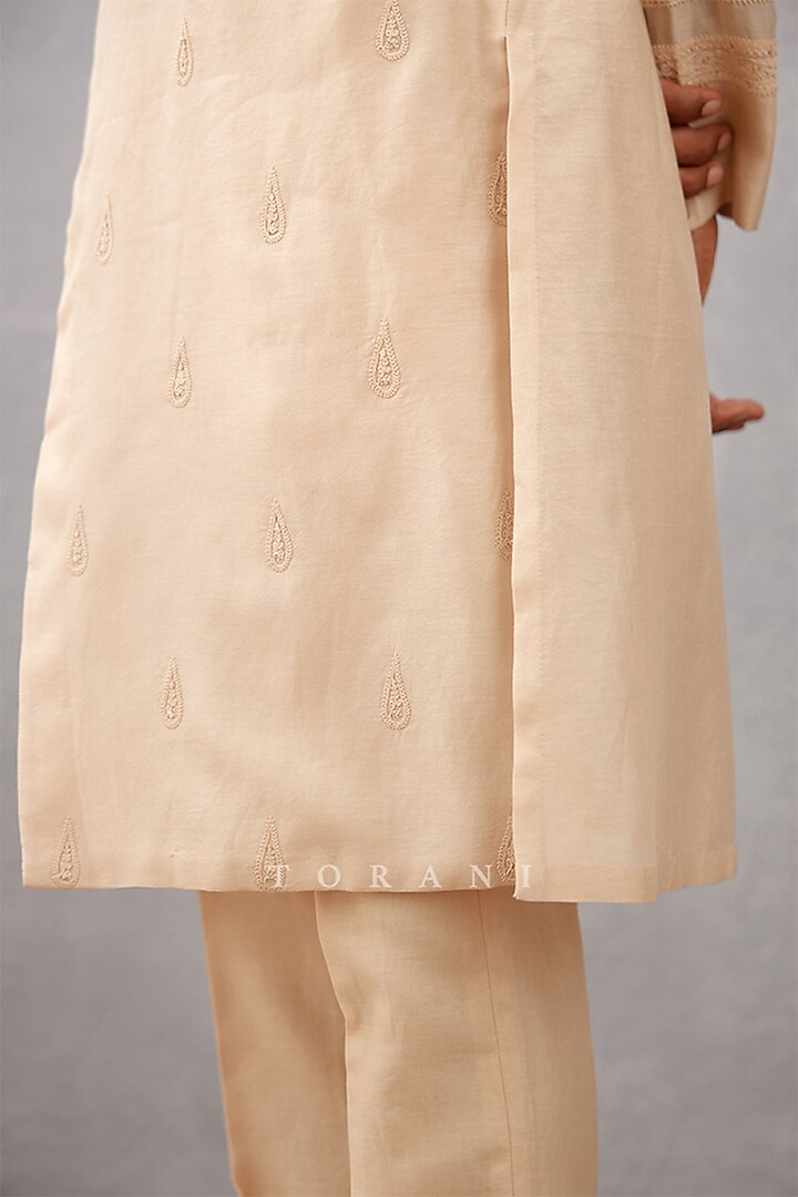 Beige Handwoven Chanderi & Cotton Voile Dori Embroidered Kurta Set by Torani Men at Pernia's Pop Up Shop