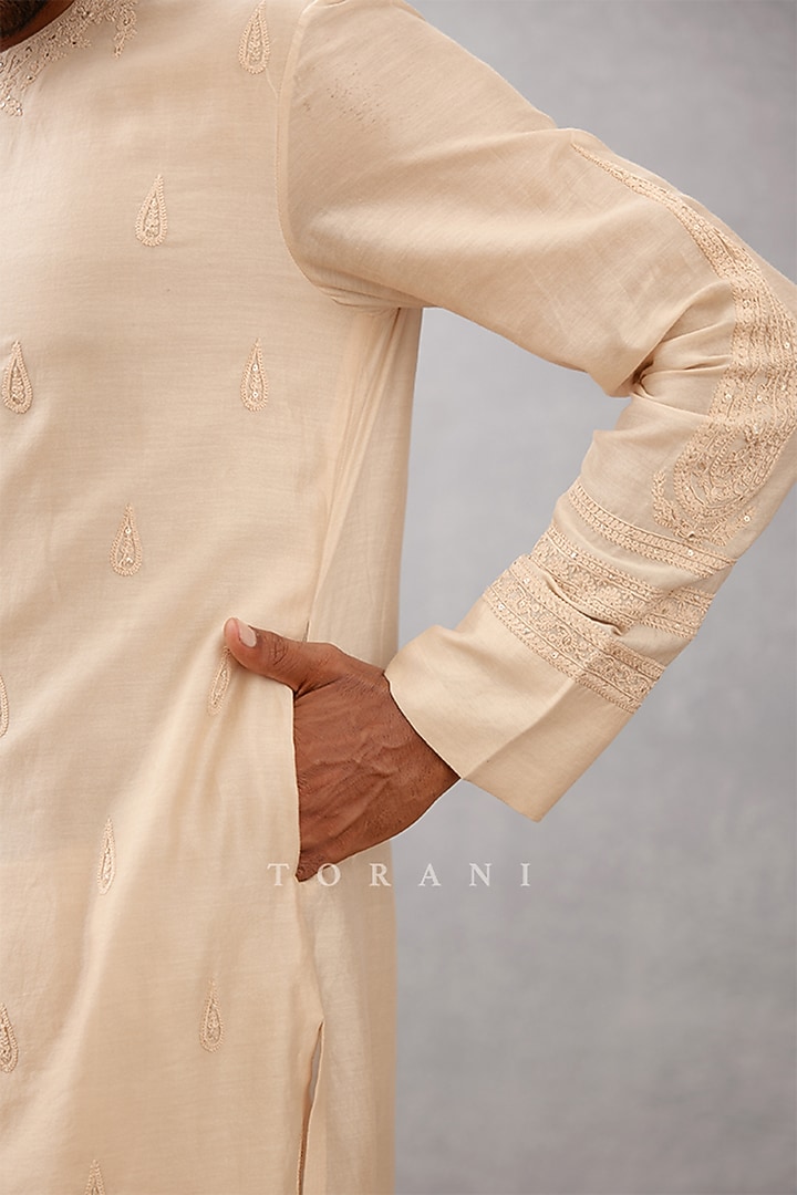 Beige Handwoven Chanderi & Cotton Voile Dori Embroidered Kurta Set by Torani Men at Pernia's Pop Up Shop