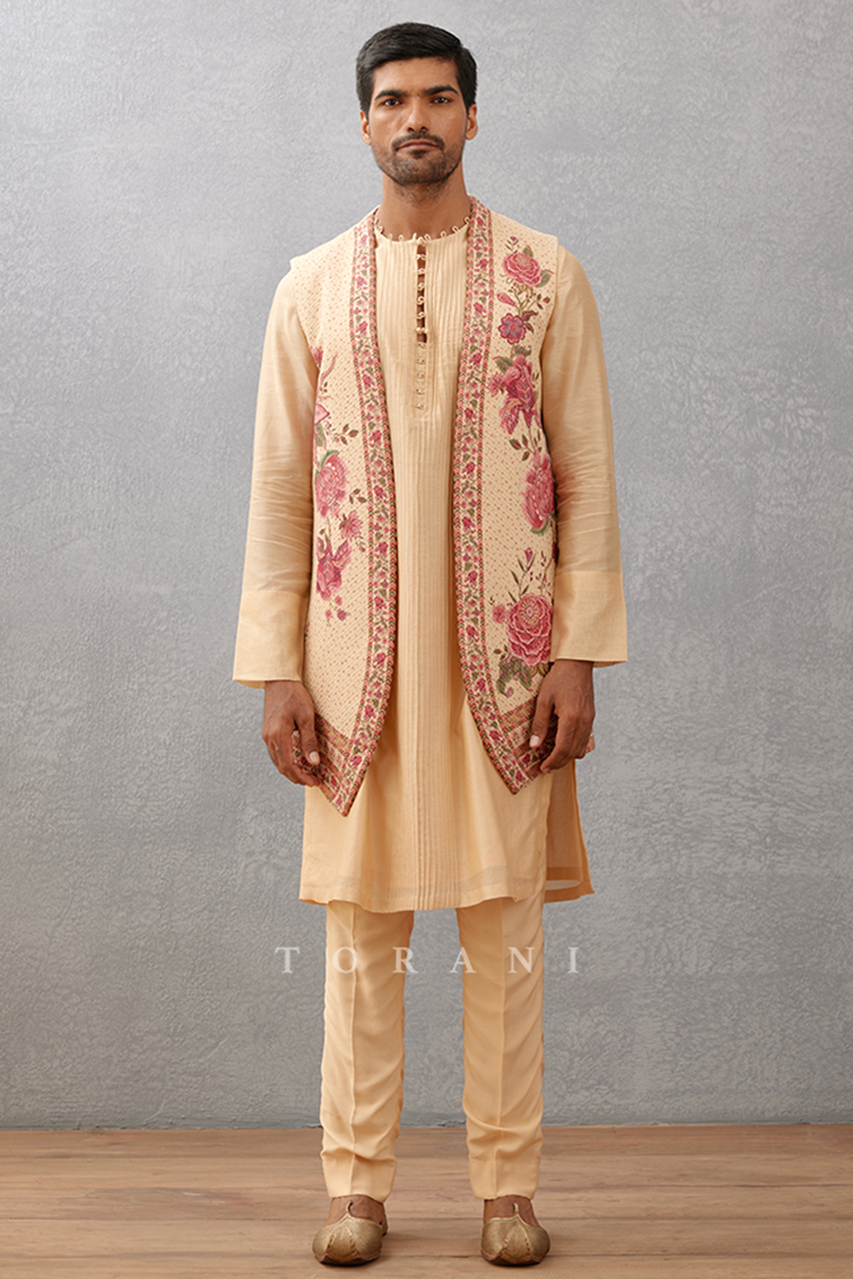 Beige Cotton Jacquard & Handwoven Chanderi Digital Printed Indowestern Set by Torani Men