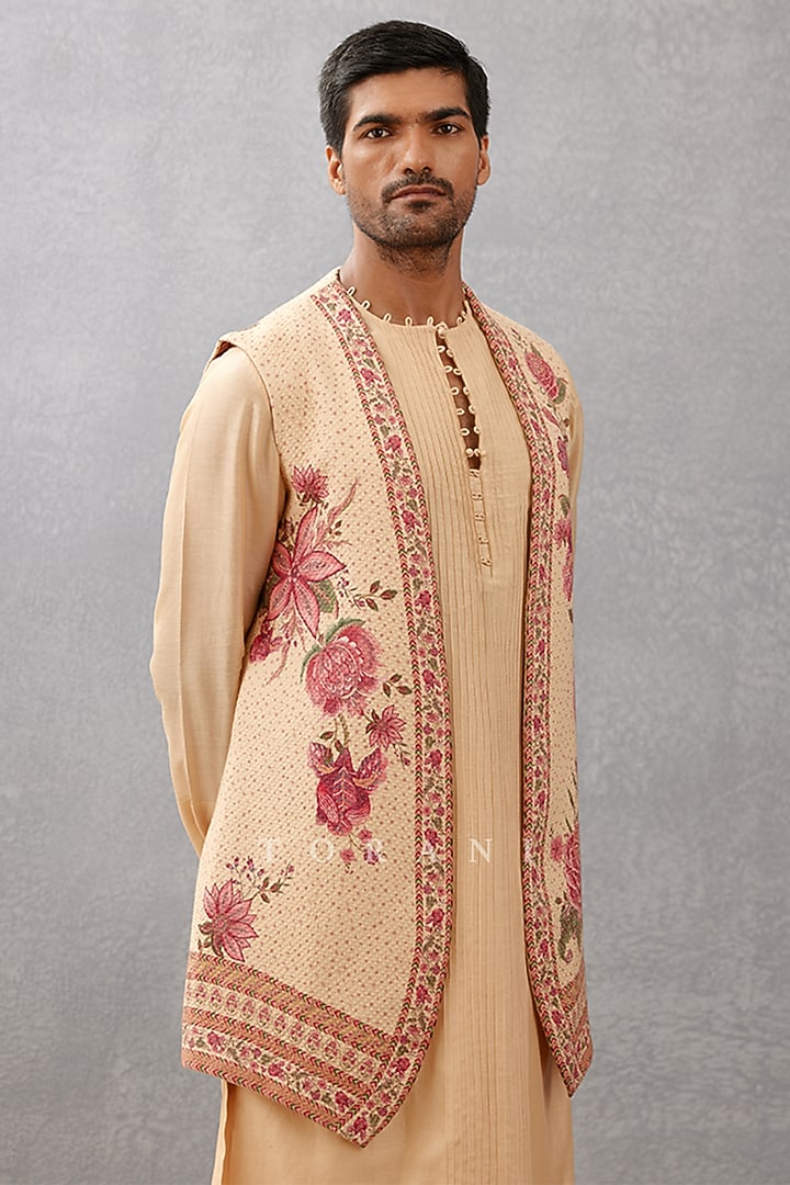 Beige Cotton Jacquard & Handwoven Chanderi Digital Printed Wedding Indowestern Set by Torani Men at Pernia's Pop Up Shop