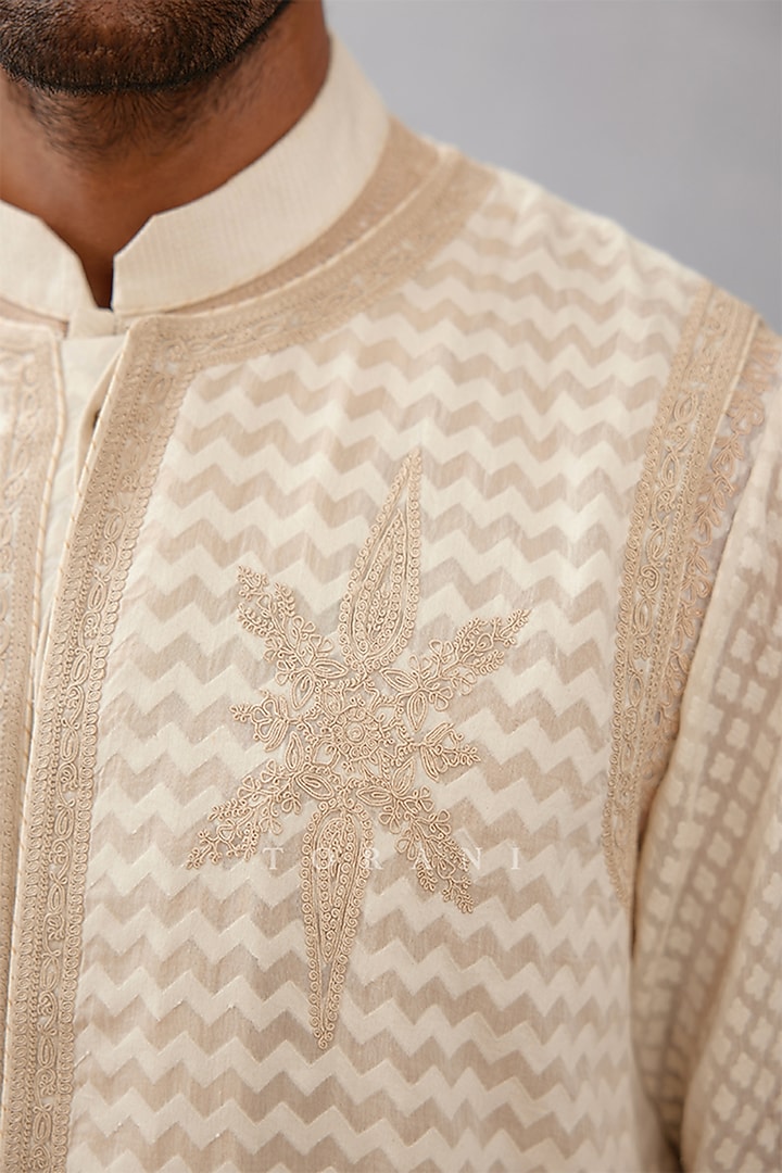 Ivory Cotton Silk & Handwoven Chanderi Dori Embroidered Bundi Set by Torani Men at Pernia's Pop Up Shop