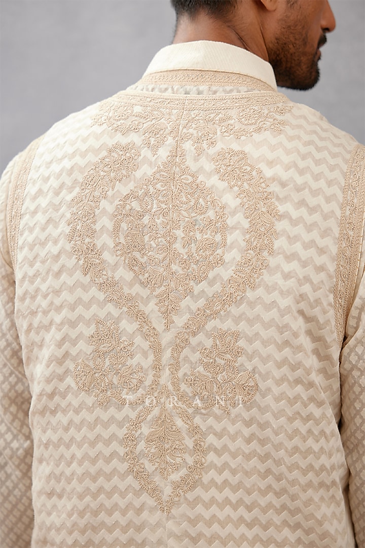 Ivory Cotton Silk & Handwoven Chanderi Dori Embroidered Bundi Set by Torani Men at Pernia's Pop Up Shop